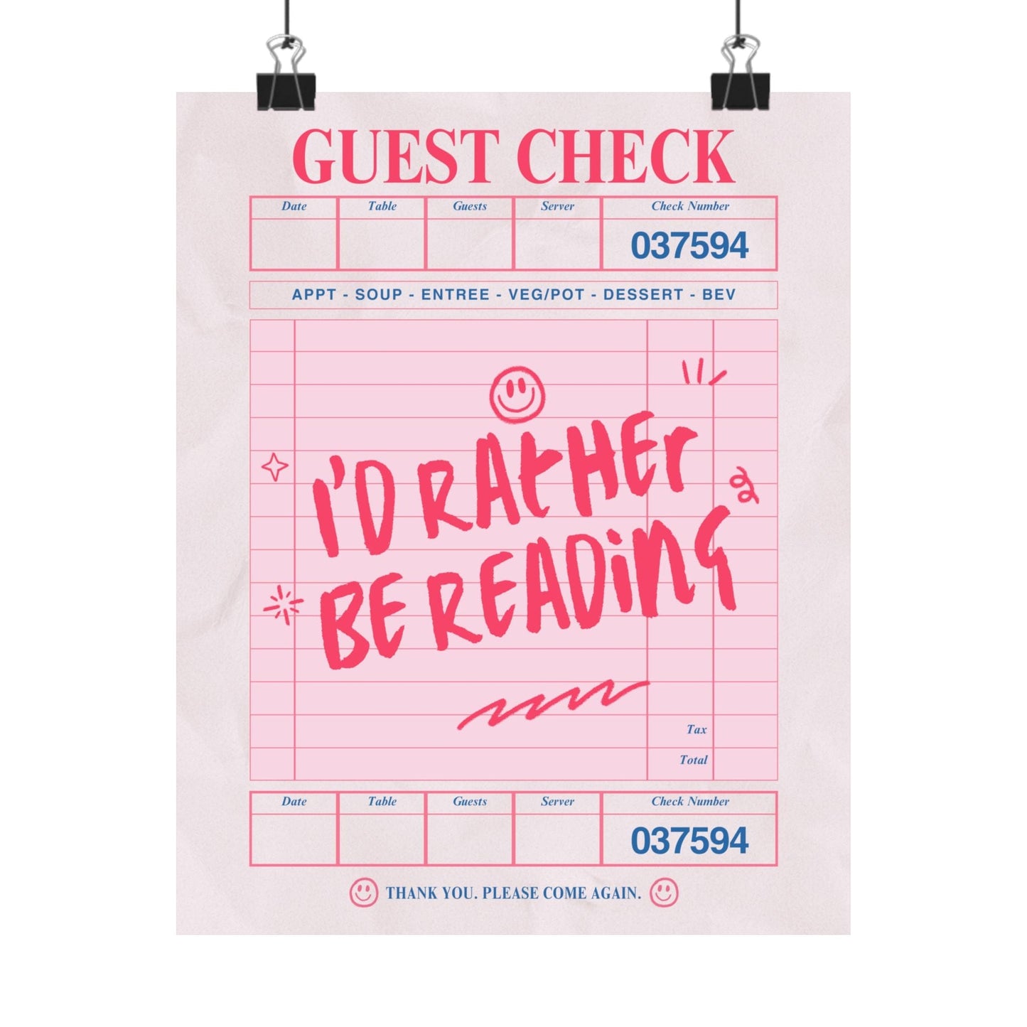 I'd Rather Be Reading - Guest Check Poster